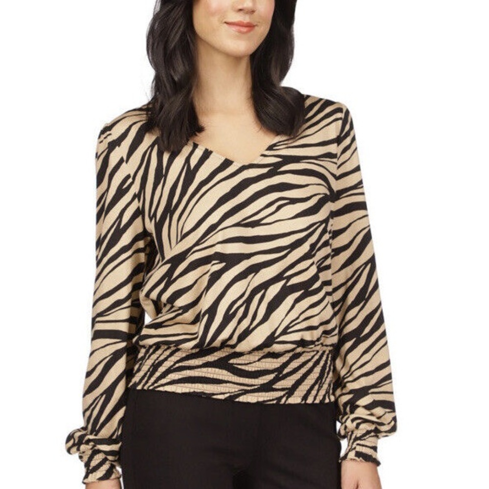 Michael Kors Relaxed Tan and Cream Long Sleeve Blouse